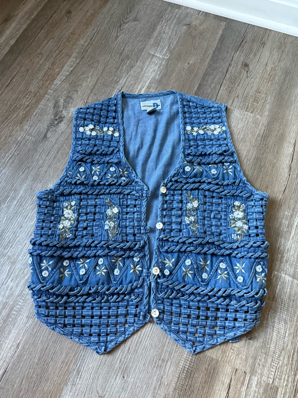 VTG Embroidered Floral Blue Knit Vest with Button Front Cotton Blue Hippie M L